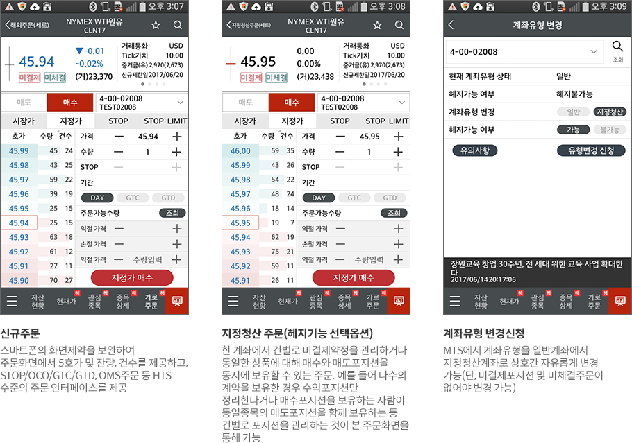 신규주문:스마트폰의 화면제약을 보완하여 주문화면에서 5호가 및 잔량, 건수를 제공하고, STOP/OCO/GTC/GTD, OMS주문 등 HTS 수준의 주문 인터페이스를 제공,
지정청산 주문(헤지기능 선택옵션):한 계좌에서 건별로 미결제약정을 관리하거나 동일한 상품에 대해 매수와 매도포지션을 동시에 보유할 수 있는 주문. 예를 들어 다수의 계약을 보유한 경우 수익포지션만 정리한다거나 매수포지션을 보유하는 사람이 동일종목의 매도포지션을 함께 보유하는 등 건별로 포지션을 관리하는 것이 본 주문화면을 통해 가능,
계좌유형 변경신청:MTS에서 계좌유형을 일반계좌에서 지정청산계좌로 상호간 자유롭게 변경 가능(단, 미결제포지션 및 미체결주문이 없어야 변경 가능)